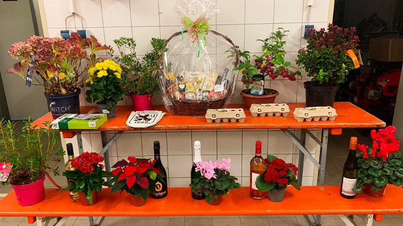 Herzeln_2022_08.JPG - Attraktive Pflanzen und Blumen sowie der üppige Geschenkkorb warten auf die Gewinner.